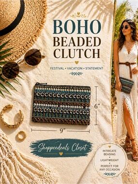Boho Beaded Clutch Wristlet Multicolor Tribal Pattern Zipper Pouch